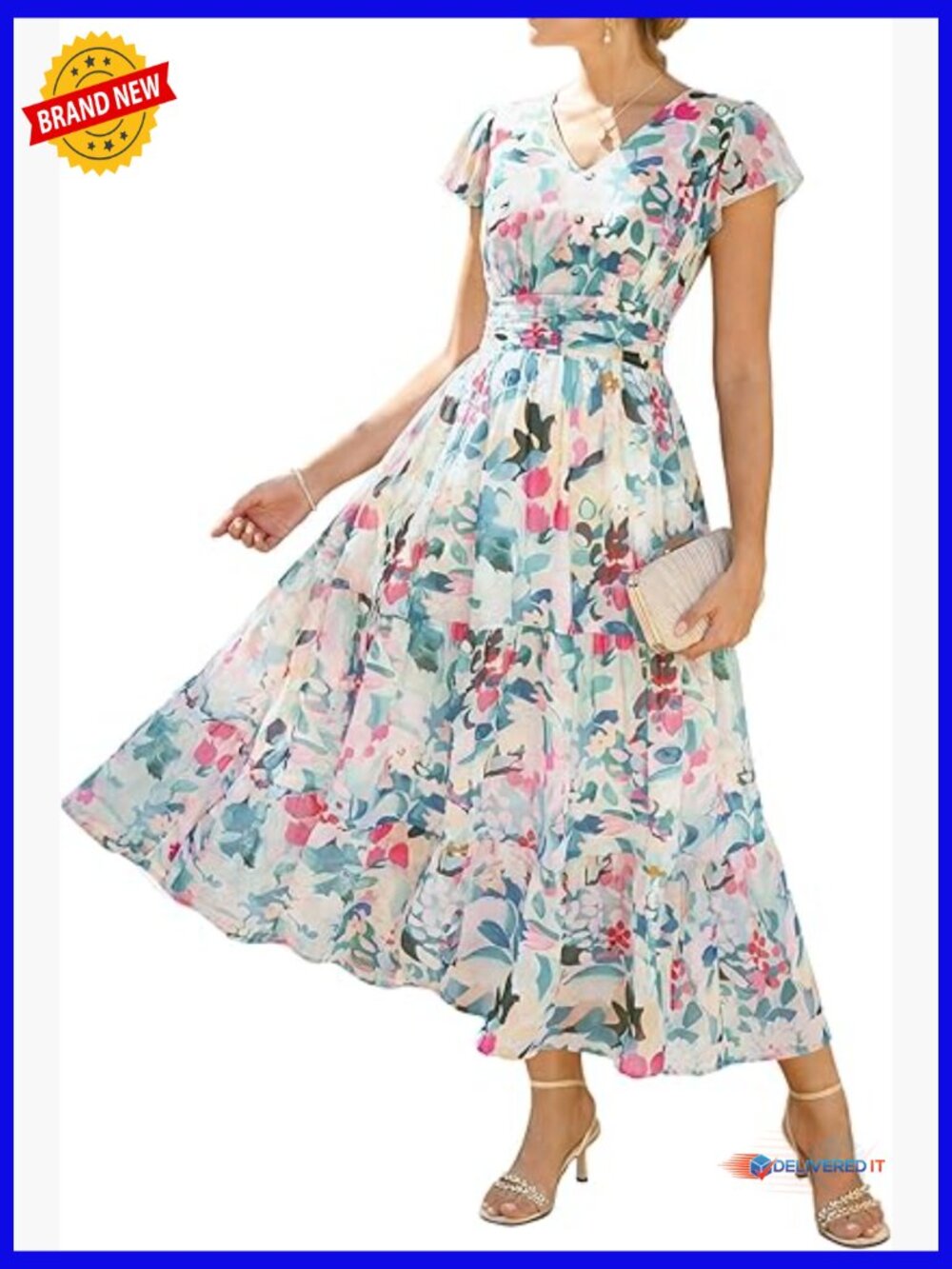 Women's Floral Maxi Dress with Pockets V-Neck Flutter Sleeve
